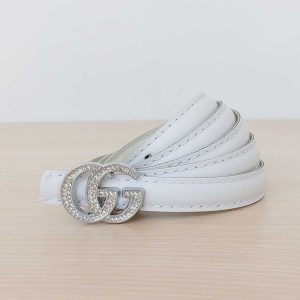 کمربند زنانه دخترانه سفید دور دوخت عرض 1.5 سگک نگین دار Gucci