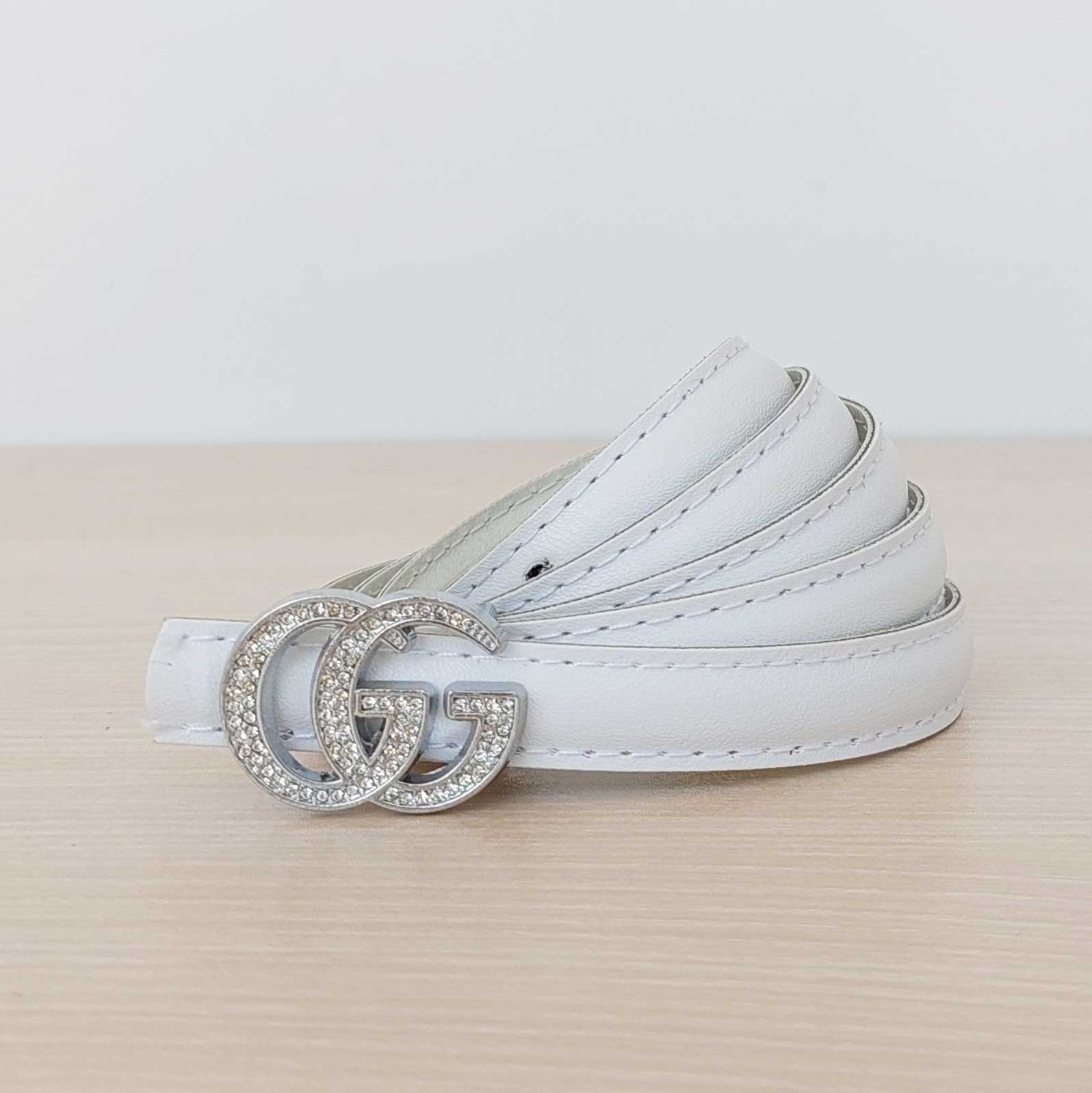 کمربند زنانه دخترانه سفید دور دوخت عرض 1.5 سگک نگین دار Gucci