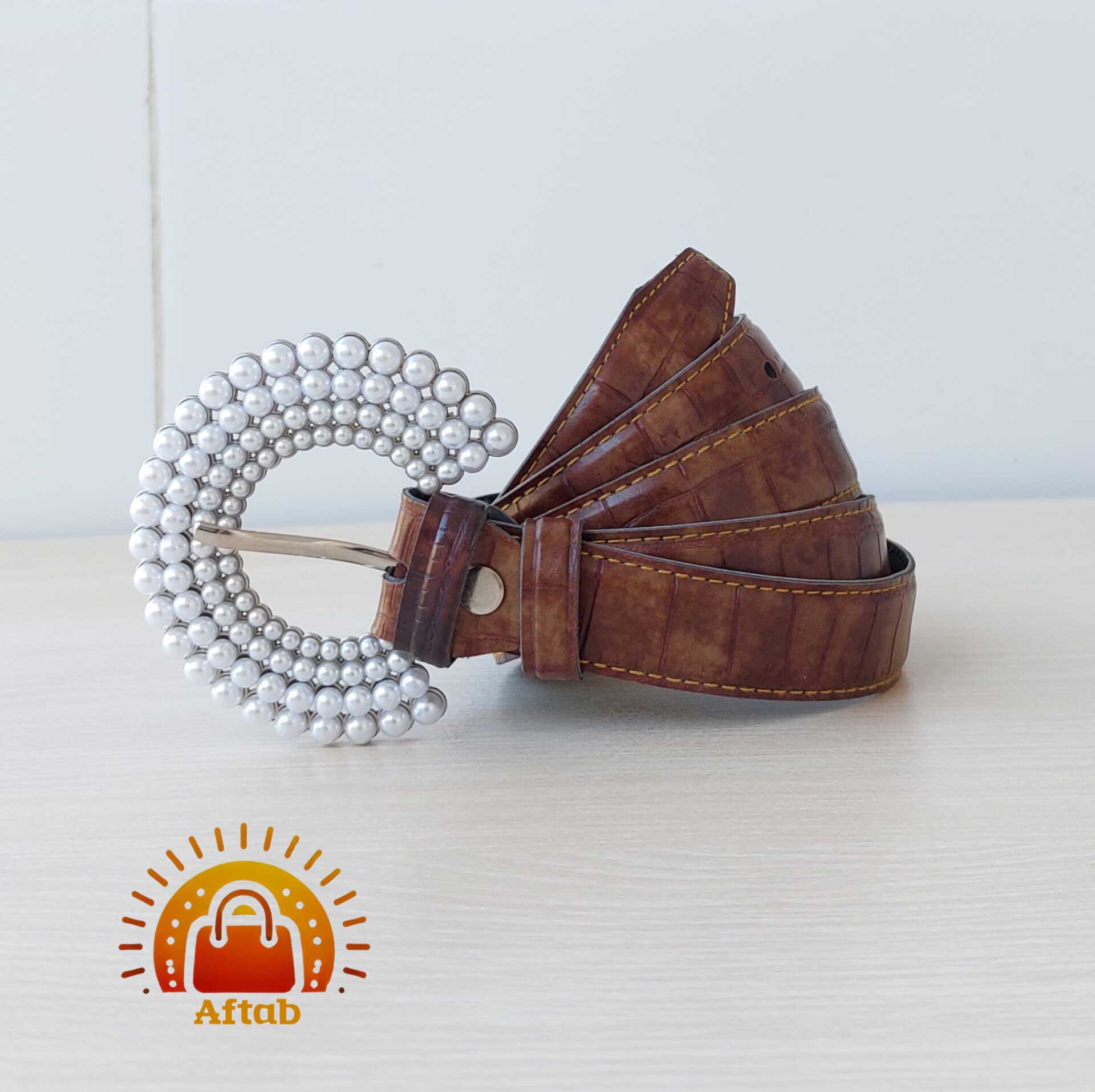 کمربند زنانه دخترانه دور دوخت سگک مرواریدی عرض 2cm - Image 4