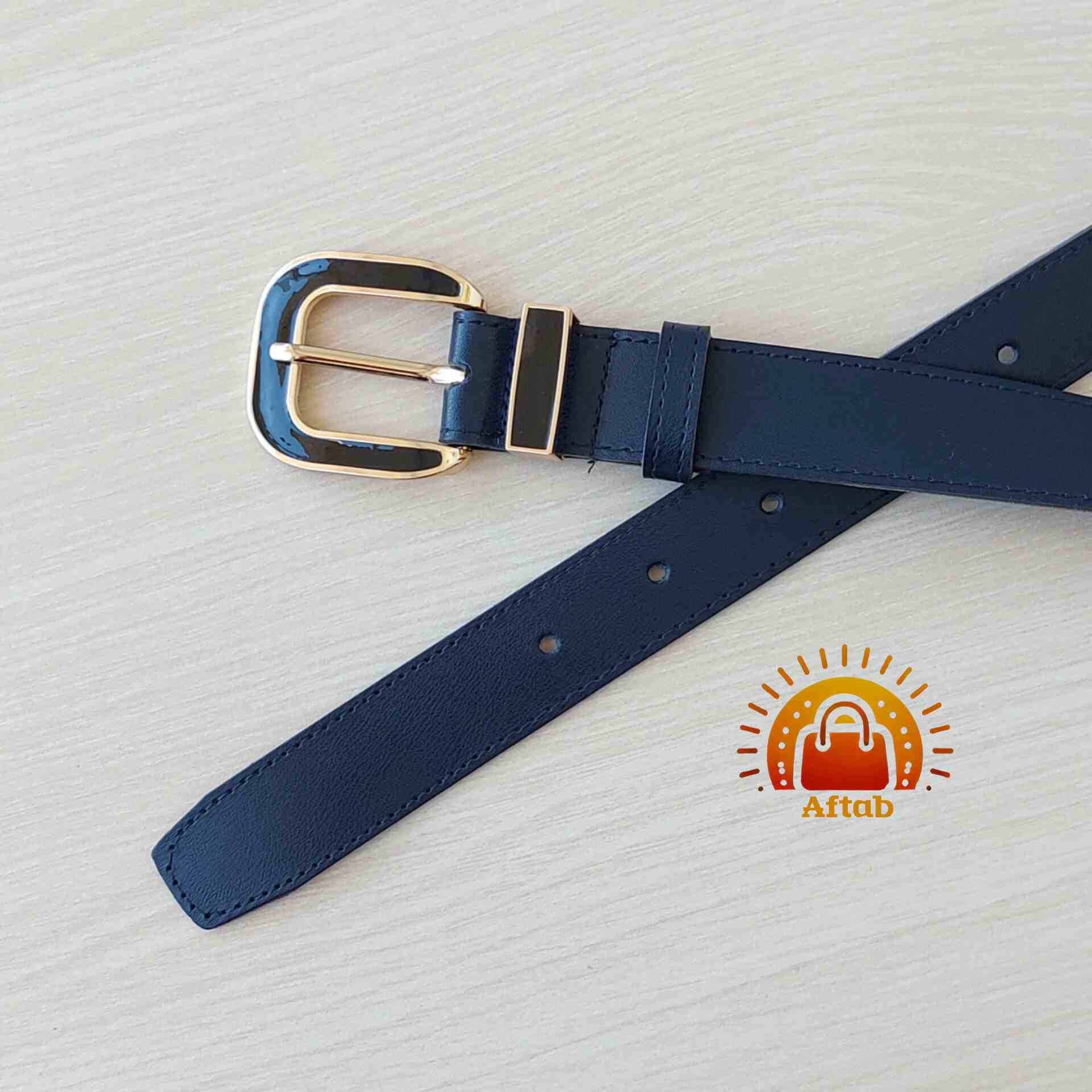 کمربند زنانه دخترانه دور دوخت سگک کلاسیک سورمه ای رزین عرض 3cm - Image 2